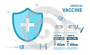 Covid-19 vaccine banner background template. Syringe injection and vaccine bottle for covid19 immunization treatment. Stop