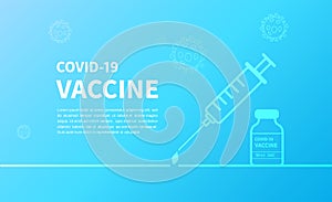 Covid-19 vaccine banner blue background template. Syringe injection and vaccine bottle for covid19 immunization treatment. Design