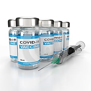 Covid-19 vaccine bottle and syringe on white background, 3D rendering illustration