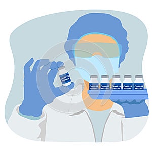 Covid-19 vaccine development concept. Medical researcher or scientist holds vaccine vials. Vector