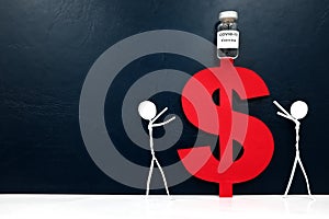 Covid-19 vaccine high cost concept. Human stick figures reaching out for a vial on top of a red dollar sign.