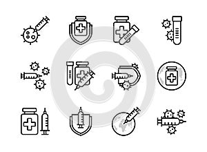 Covid-19 vaccine icon set outline style.  Sign and symbol for websit, print, sticker, banner, poster