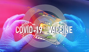 COVID-19 vaccine medical concept with flag of the states of USA. State of Michigan flag 3D illustration.