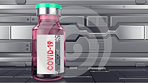 Covid 19 vaccine pink bottle. Modern laboratory in the style of sci-fi. Steel walls 3d render