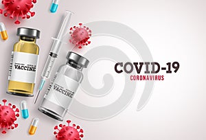 Covid-19 vaccine vector banner. Coronavirus covid-19 vaccine with syringe injection tools