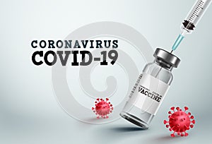 Covid-19 vaccine vector banner. Covid-19 vaccine bottle and injection syringe