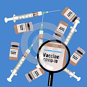 Covid-19 vaccine vials and syringes illustration. Corona virus prevention banner and poster.