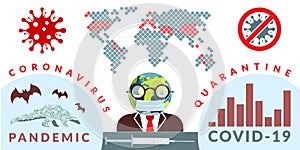 Covid-19. Vector infographics illustration of global news about coronavirus pandemic with eath globe shaped head man and