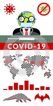 Covid-19. Vector infographics illustration of global news about coronavirus pandemic with eath globe shaped head man and