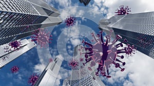 Covid 19 virus on city . Virus float on air with high rise building background.3d rendering