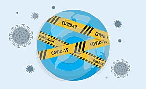 COVID-19 virus lockdown barrier tape over a world. Coronavirus pandemic, vector concept illustration stock illustration