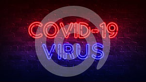 Covid-19 virus neon sign. red and blue glow. neon text. Conceptual background for your design with the inscription. 3d