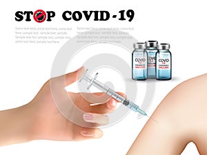 Covid-19 virus vaccination with syringe injection tool for coronavirus immunization treatment. Hand holding syrringe with vaccine