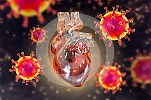 COVID-19 viruses affecting the heart, conceptual 3D illustration
