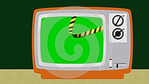 COVID-19 warning Black and Yellow ribban on isolated green background in drawing in flat design of an old retro television,