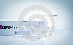 Covid 19 antigen self test for nasal swab. Antigen test kit for home use to detection coronavirus infection. Rapid antigen test. photo