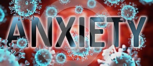 Covid and anxiety, pictured by word anxiety and viruses to symbolize that anxiety is related to corona pandemic and that epidemic