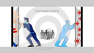 Covid-19 Background illustration. Police and Doctor Fight against Coronavirus, saving peope from coronavirus photo