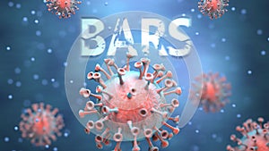 Covid and bars, pictured as red viruses attacking word bars to symbolize turmoil, global world problems and the relation between