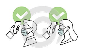 Covid body temperature check-Man and woman wearing surgical masks