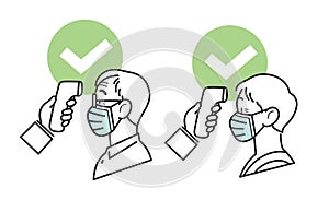 Covid body temperature check- Old man and woman wearing surgical masks