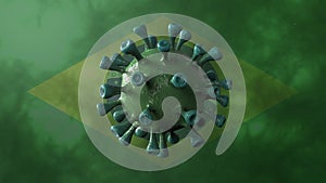 Covid brazil variant, covid-19 virus with green brazilian flag