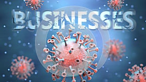 Covid and businesses, pictured as red viruses attacking word businesses to symbolize turmoil, global world problems and the