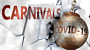 Covid and carnivals,  symbolized by the coronavirus virus destroying word carnivals to picture that the virus affects carnivals