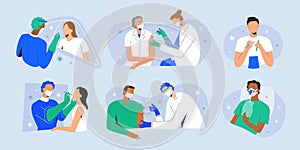 Covid characters, vaccine shot, people get vaccinated, tested for coronavirus, rapid PCR test, patient with pneumonia