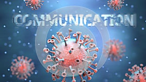 Covid and communication, pictured as red viruses attacking word communication to symbolize turmoil, global world problems and the
