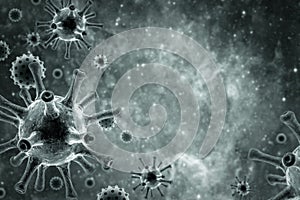 COVID-19 corona virus background, 3d illustration, microscopic view of SARS-CoV-2 coronavirus or flu virus in cell. Concept of photo
