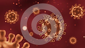 COVID-19 Corona virus with spike glycoprotein are floating on the air . Dark red color background . 3D rendering photo