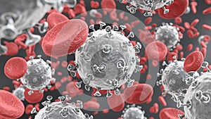COVID19 Corona virus with spike glycoprotein are floating on bloodstream with red blood cells in vascular . 3D rendering photo
