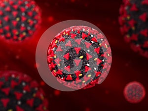 Coronavirus COVID-19 Virus on red background 3d illustration 3d rendering