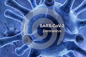 COVID-19 coronavirus banner, 3d illustration, SARS-CoV-2 corona virus and inscription on blue background. Poster with concept of photo