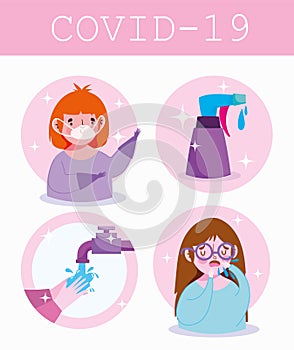 Covid 19 coronavirus infographic, people prevention tips, symptoms illness