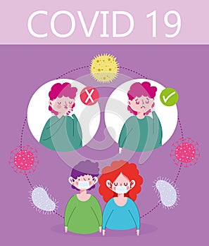 Covid 19 coronavirus infographic, people symptoms and prevention with medical masks