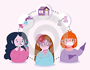 Covid 19 coronavirus infographic, people with symptoms, prevention social distancing, quarantine and washing hands