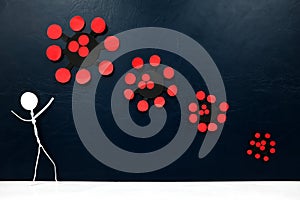 Covid-19 coronavirus pandemic downward trend. Human stick figure celebrating with lowering virus paper cutout sizes.