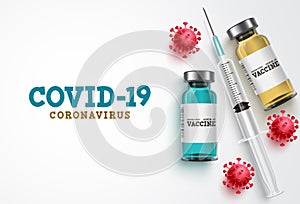 Covid-19 coronavirus vaccine treatment vector background. Covid19 vaccine bottle photo