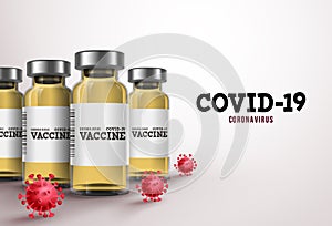 Covid19 coronavirus vaccine vector banner. Covid-19 text and vaccine bottles in white background photo