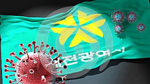 Covid in Daejeon - coronavirus attacking a city flag of Daejeon as a symbol of a fight and struggle with the virus pandemic in