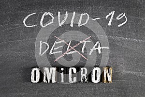 Covid-19 Delta and new Omicron. Black chalk board photo
