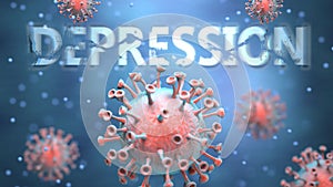 Covid and depression, pictured as red viruses attacking word depression to symbolize turmoil, global world problems and the