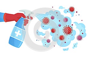 Covid 19 disinfection. Sanitizer spray, sprayed disinfectant kills bacteria and virus. Coronavirus protection concept photo