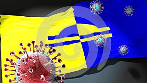 Covid in Ede - coronavirus attacking a city flag of Ede as a symbol of a fight and struggle with the virus pandemic in this city,