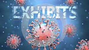 Covid and exhibits, pictured as red viruses attacking word exhibits to symbolize turmoil, global world problems and the relation