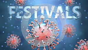 Covid and festivals, pictured as red viruses attacking word festivals to symbolize turmoil, global world problems and the relation