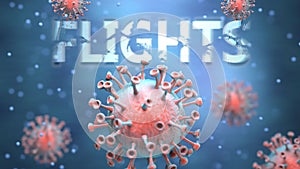 Covid and flights, pictured as red viruses attacking word flights to symbolize turmoil, global world problems and the relation