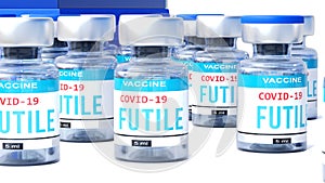 Covid futile - vaccine bottles with an English label Futile that symbolize a big human achievement that may end the fight with the